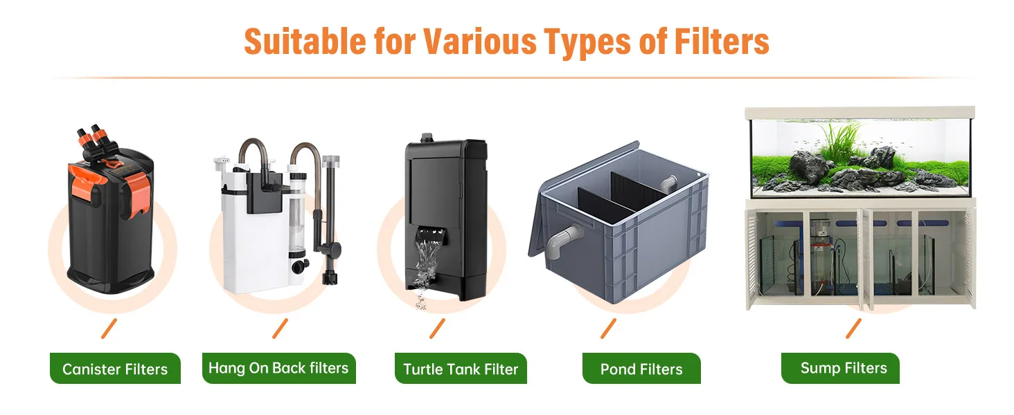 Hygger aquarium filters compatible with canister, hang on back, turtle tank, pond, and sump filters for optimal water quality