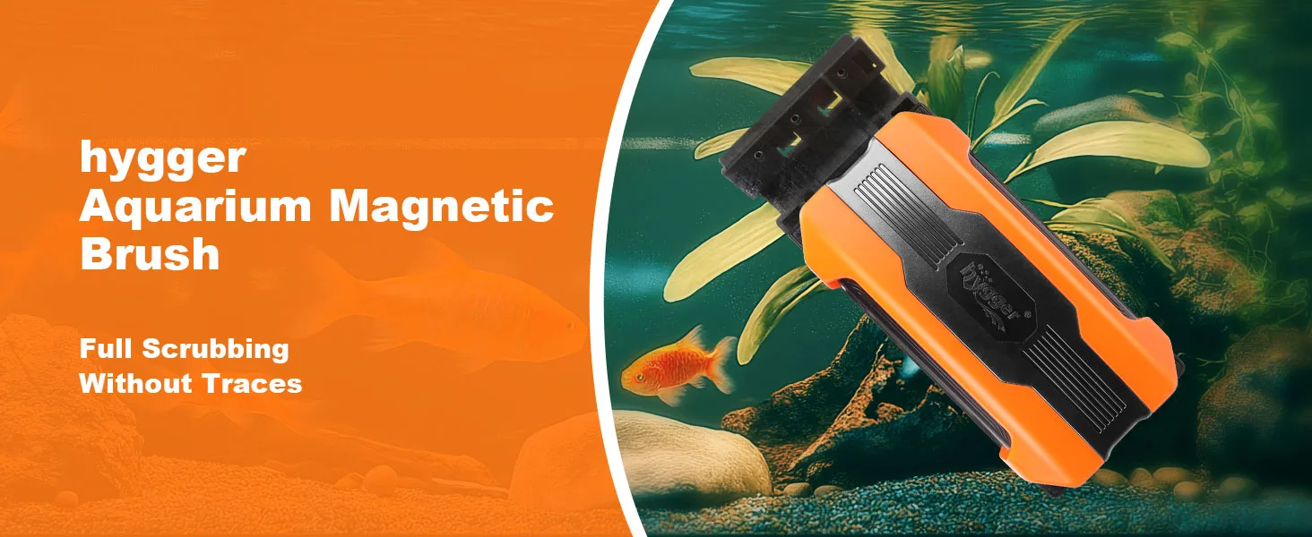 hygger Aquarium Magnetic Brush for spotless cleaning in fish tanks with orange and black design