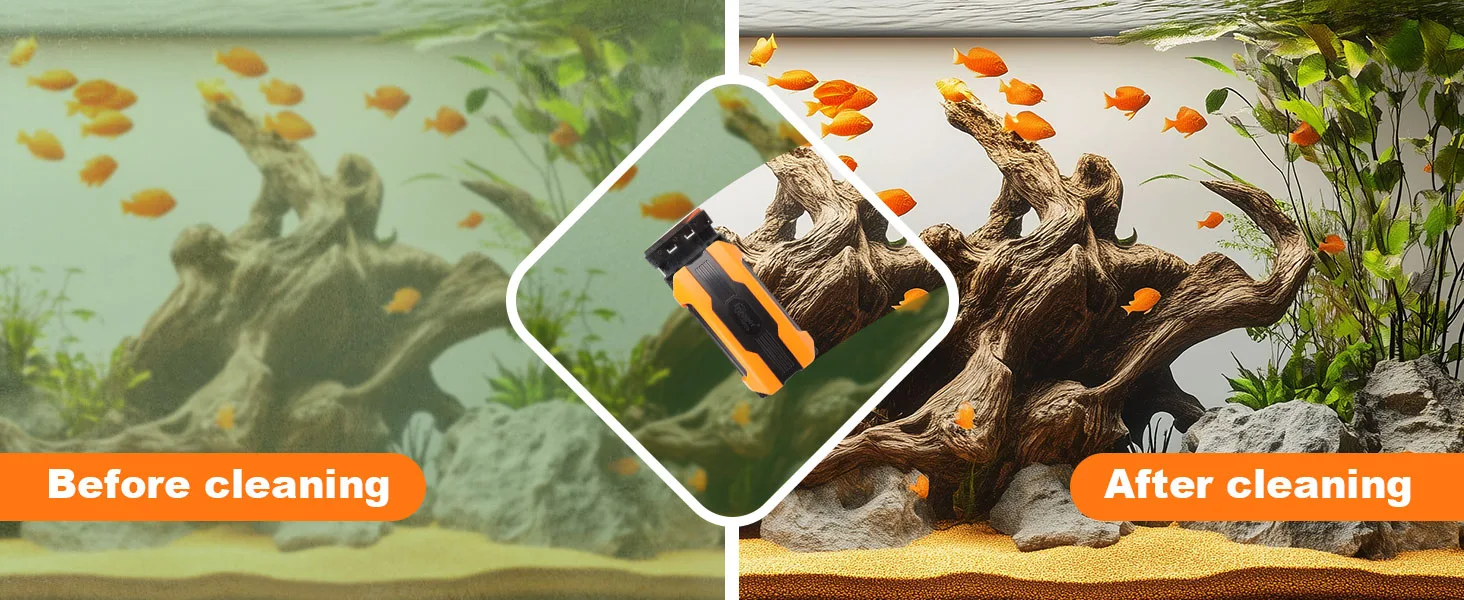 Hygger aquarium cleaner before and after cleaning comparison showing clear water and vibrant fish