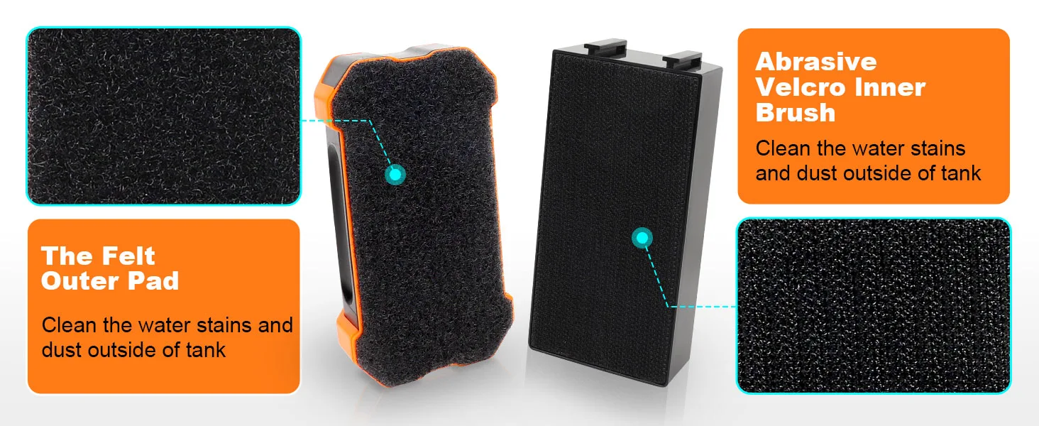 Hygger aquarium cleaning brush with felt outer pad and abrasive Velcro inner brush for removing water stains and dust outside