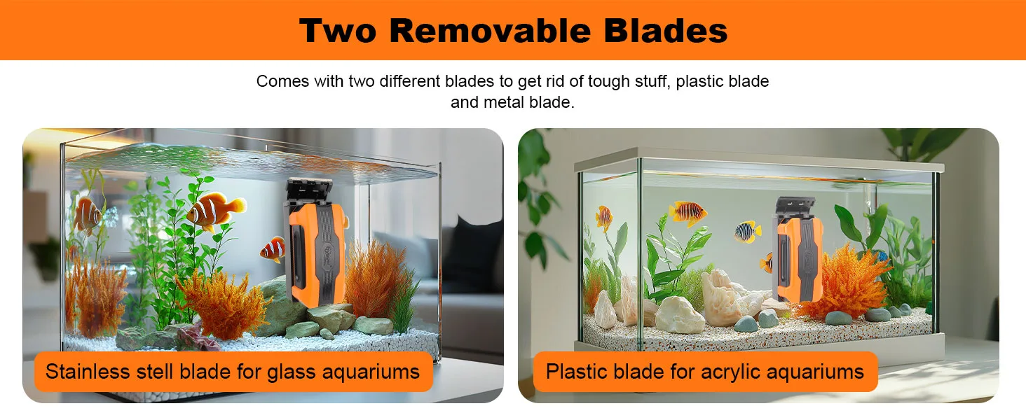 Hygger aquarium cleaner with two removable blades: stainless steel for glass, plastic for acrylic tanks