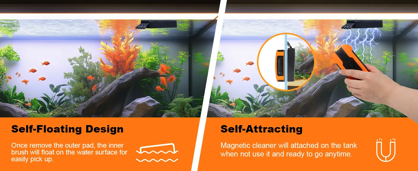 Hygger magnetic aquarium cleaner with self-floating design and self-attracting feature for easy fish tank maintenance.
