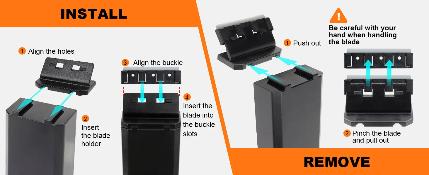 Step-by-step guide for installing and removing a hygger aquarium blade holder with clear instructions and safety warnings.