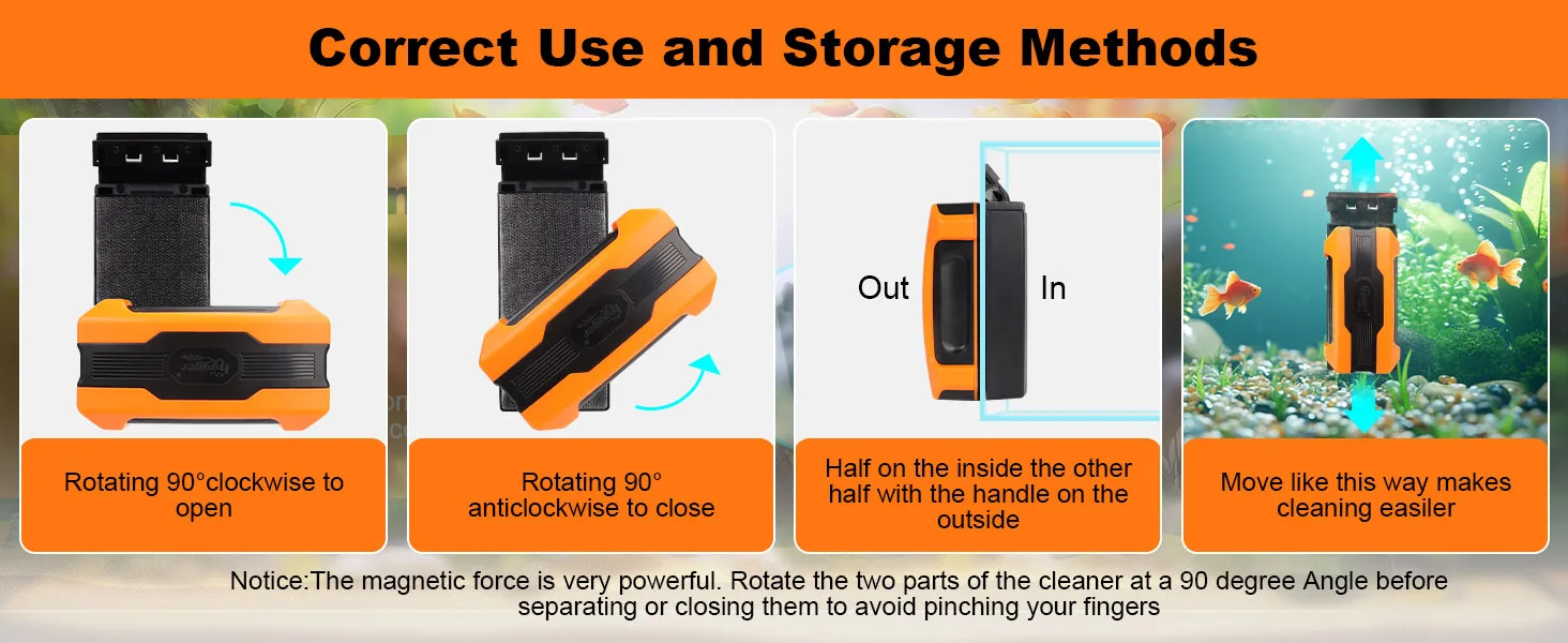 Hygger aquarium cleaner: correct use and storage methods with rotating instructions and magnetic force warning