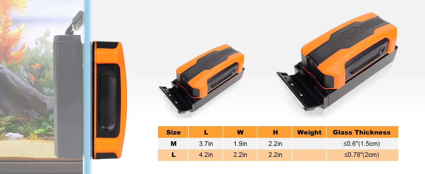 Hygger aquarium glass cleaner tool with M and L sizes for easy cleaning, shown with aquarium setup and dimensions table