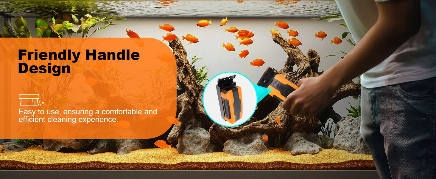 A person using a hygger aquarium cleaner with friendly handle design, cleaning a fish tank with orange fish and driftwood.