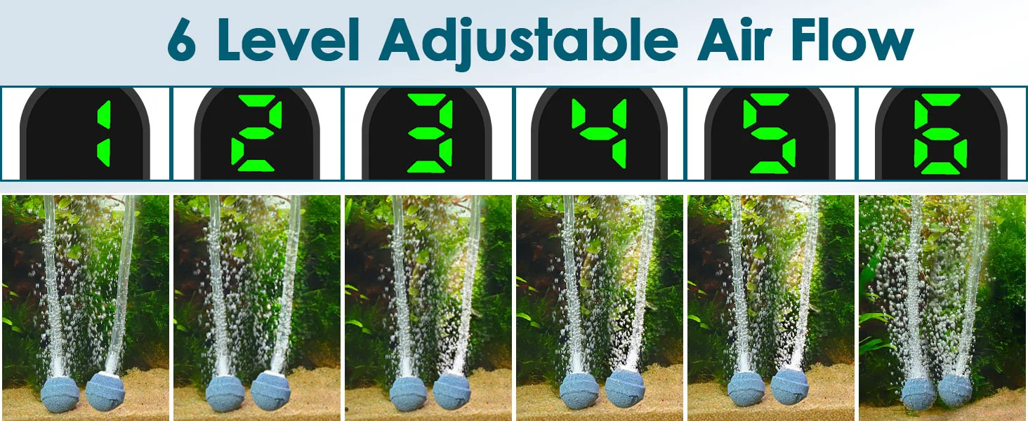 Hygger aquarium air pump with 6 adjustable air flow levels, showing increasing bubble streams from 1 to 6.