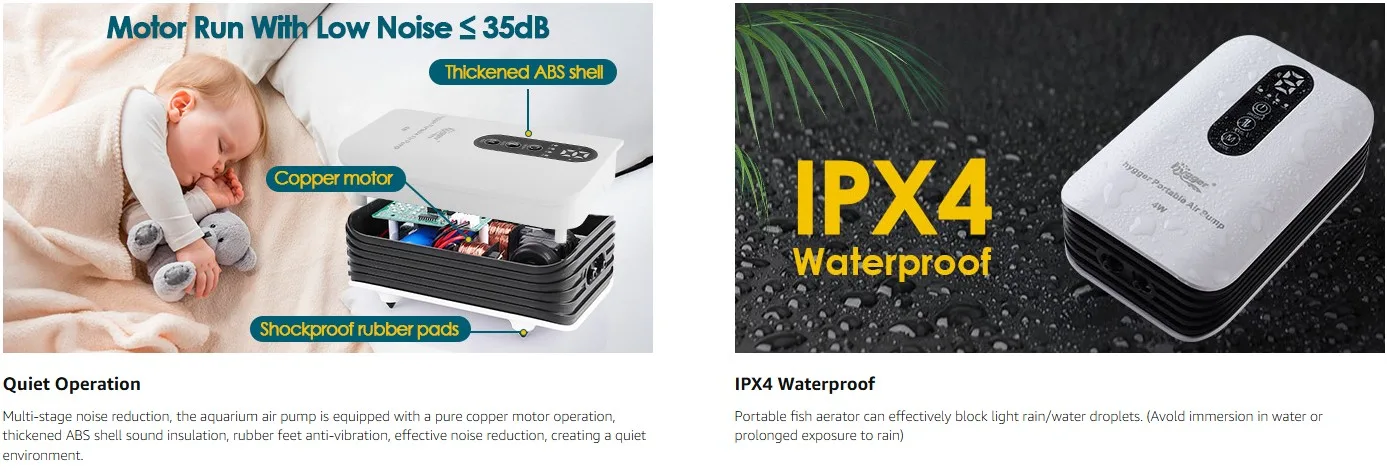 Hygger aquarium air pump with quiet operation, copper motor, and IPX4 waterproof rating for fish tanks
