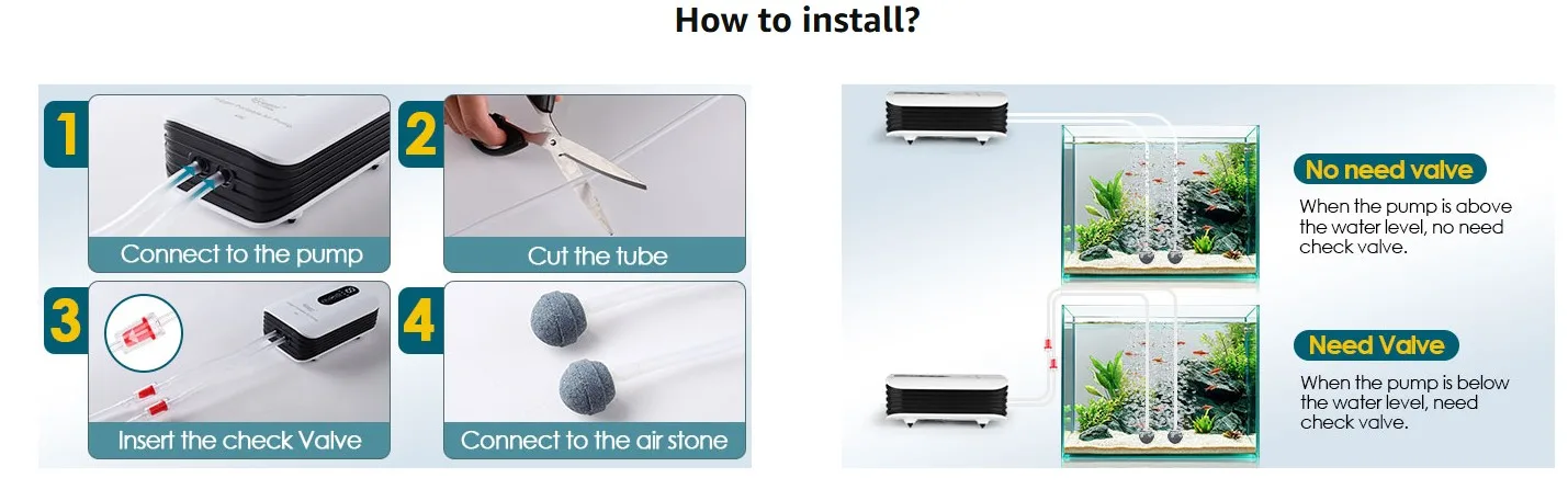 Step-by-step guide for installing Hygger aquarium air pump with check valve and air stone connection instructions