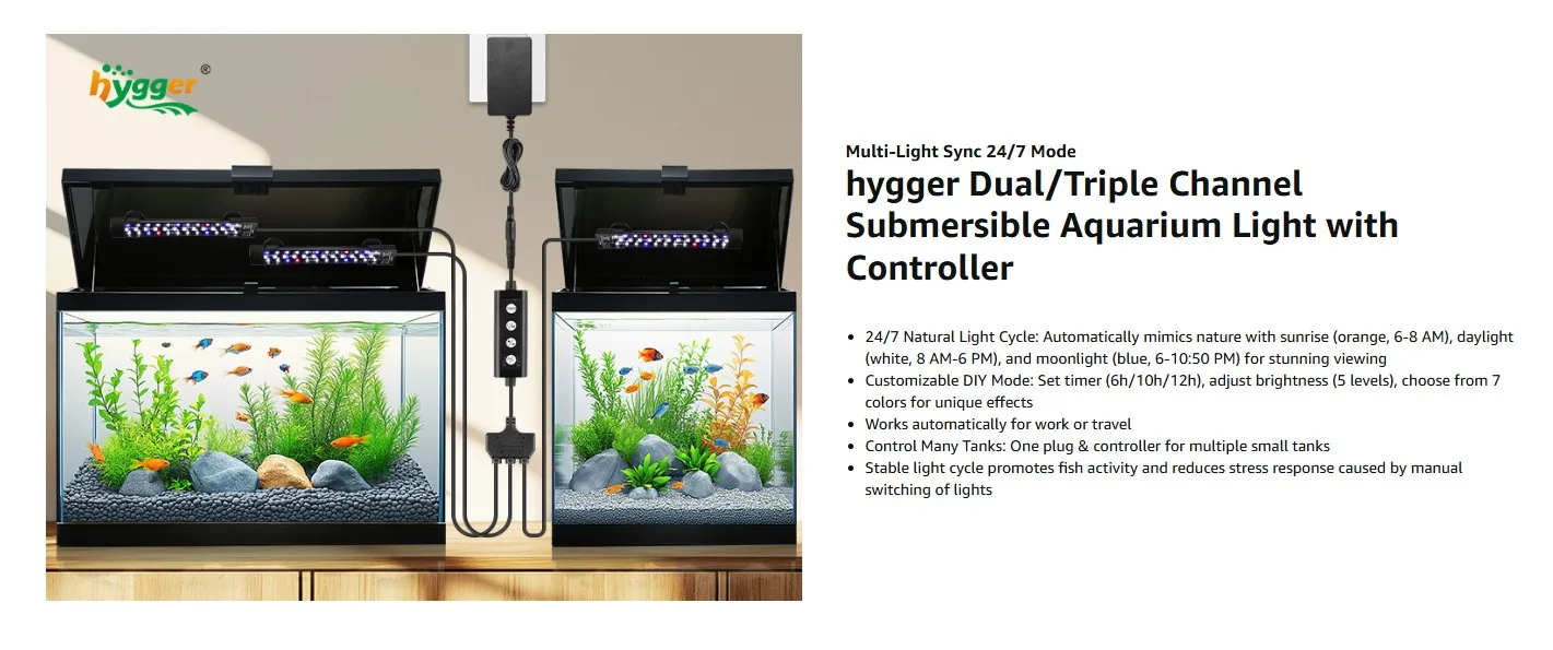 hygger Dual/Triple Channel Submersible Aquarium Light with Controller for 24/7 Natural Light Cycle and Customizable DIY Mode