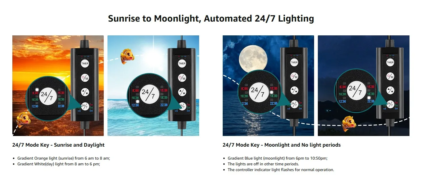 Hygger aquarium lighting controller showing sunrise to moonlight automated 24/7 lighting modes with gradient orange and white