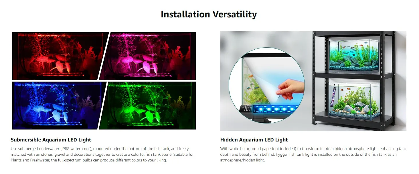 Hygger aquarium LED lights showcase submersible and hidden options with vibrant color settings for freshwater tanks, enhancin