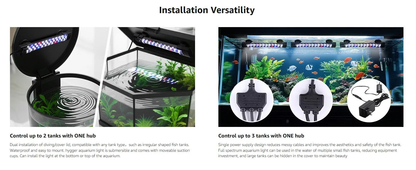 Hygger aquarium light with dual installation options for up to 2 tanks, waterproof and adjustable.