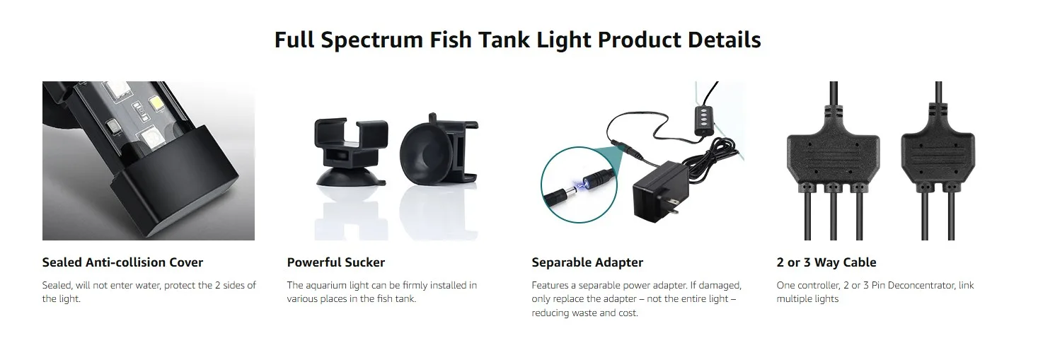 Full Spectrum Fish Tank Light with Sealed Cover, Suction Cup, and Cable Options