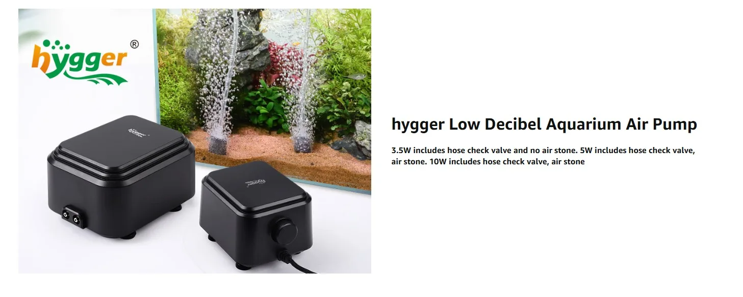hygger Low Decibel Aquarium Air Pump with 3.5W, 5W, and 10W models featuring hose check valve and air stone for aquariums