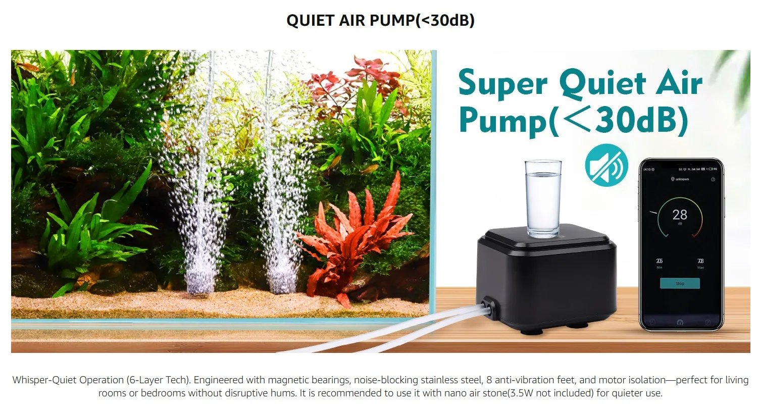 Quiet air pump for aquariums with <30dB noise level, featuring magnetic bearings and smartphone control
