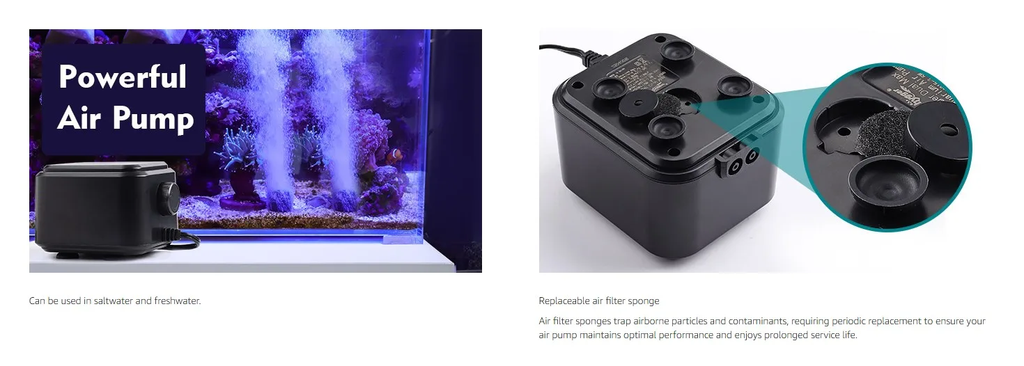 Powerful air pump for aquariums with replaceable filter sponge, suitable for saltwater and freshwater tanks.