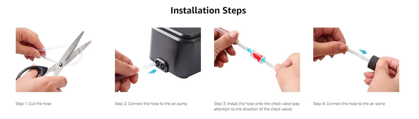 Step-by-step guide for installing hygger aquarium air pump hose: cut, connect to pump, install check valve, attach to air sto