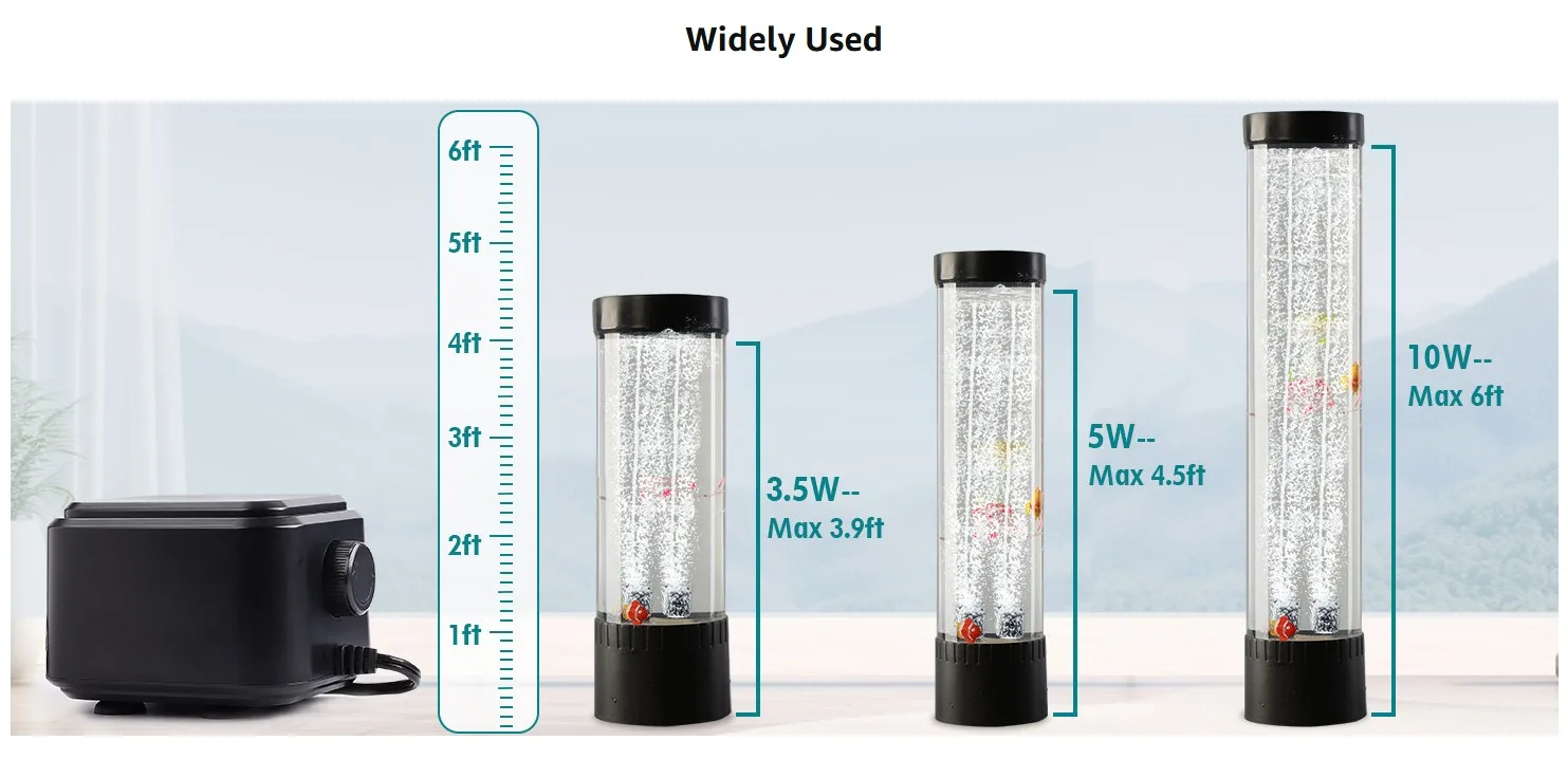 Hygger aquarium air pump with three bubble stone columns for fish tanks, showing power options and max heights.