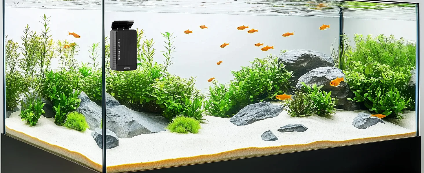 Hygger aquarium with vibrant orange fish, lush green plants, and natural rocks in a modern setup.