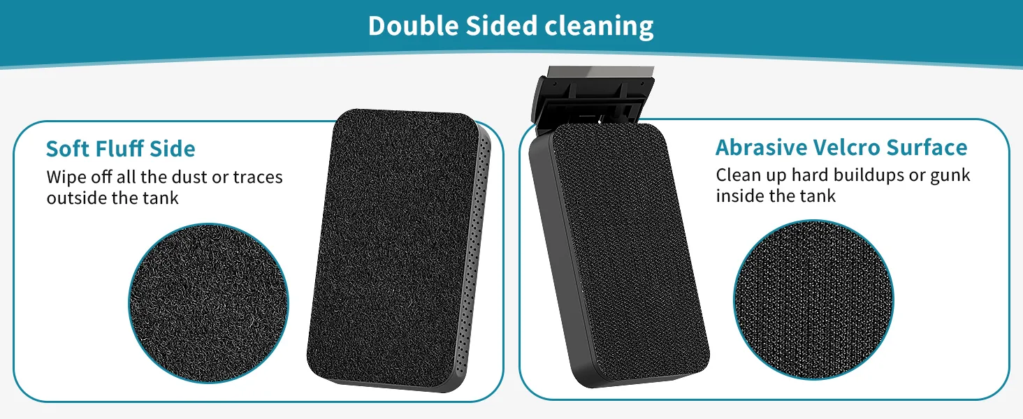 Double-sided aquarium cleaning tool with soft fluff side for external dust removal and abrasive Velcro surface for internal g