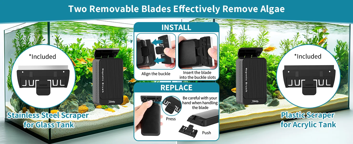 Hygger Magnetic Brush with two removable blades for algae removal in glass and acrylic aquarium tanks, showing installation a