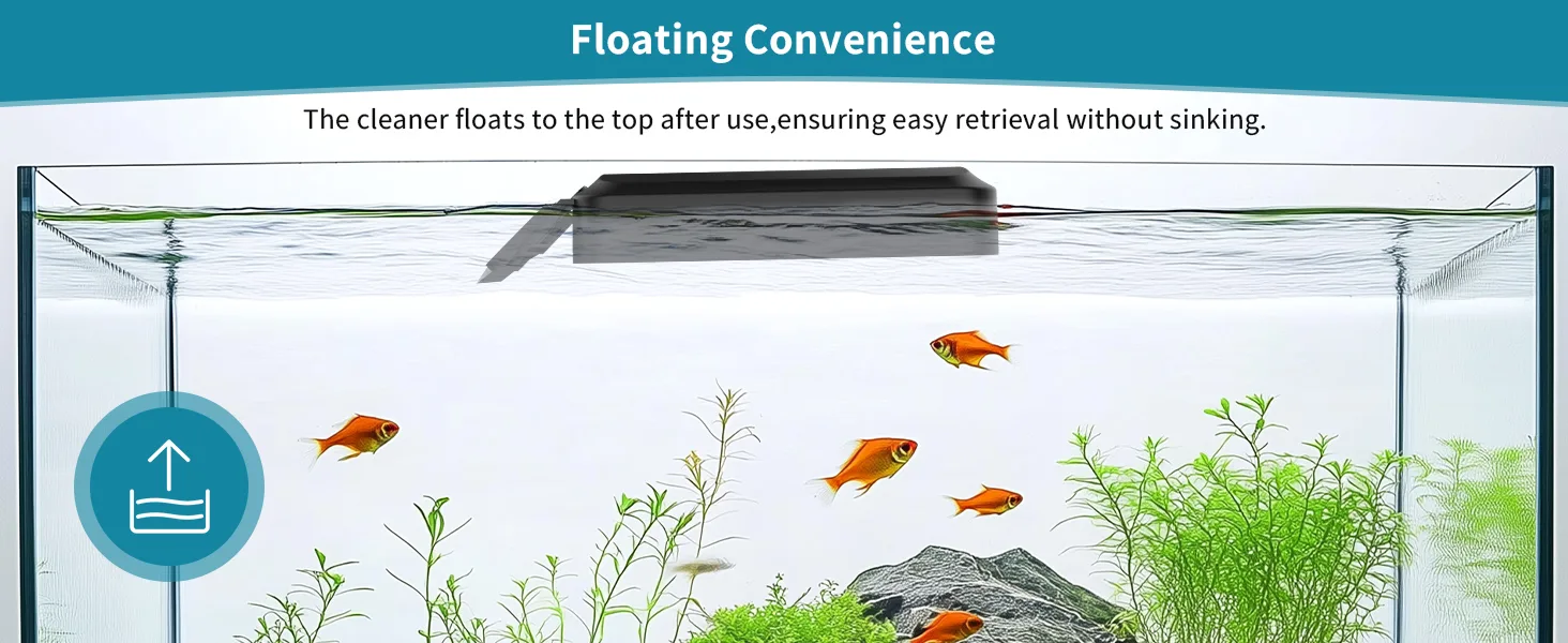 Hygger aquarium cleaner floating on top of water with fish and plants inside tank