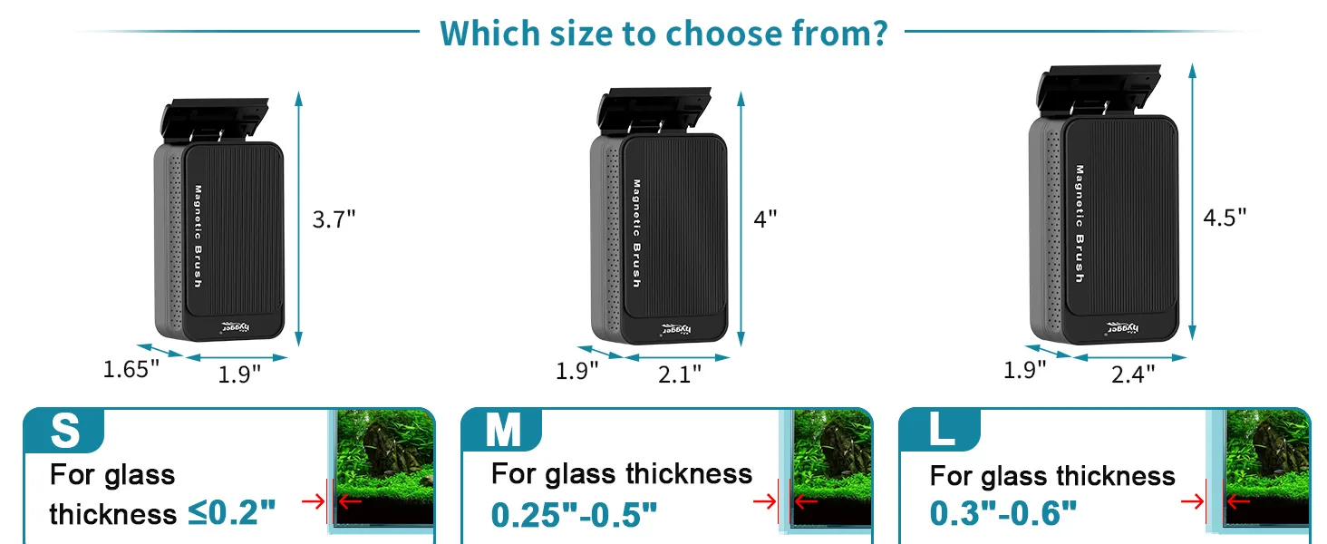 Hygger Magnetic Brush Sizes S, M, L for aquarium glass cleaning. S: ≤0.2" glass, M: 0.25"-0.5", L: 0.3"-0.6". Dimensions show