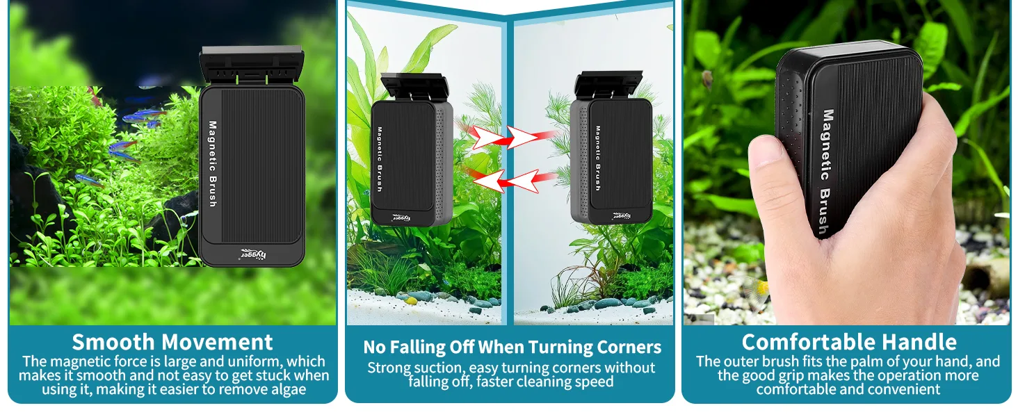 Magnetic aquarium brush with smooth movement, no falling off when turning corners, and comfortable handle for easy algae remo