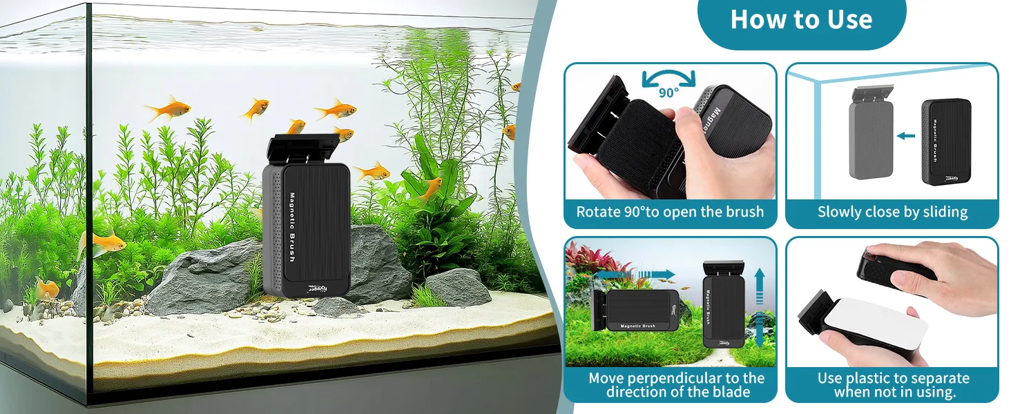 Hygger Magnetic Brush for aquarium cleaning, showing usage steps with fish and plants in tank