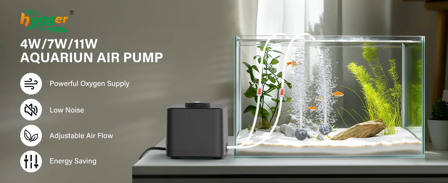 Hygger 4W/7W/11W aquarium air pump with adjustable flow, low noise, and energy-saving features for fish tank oxygenation