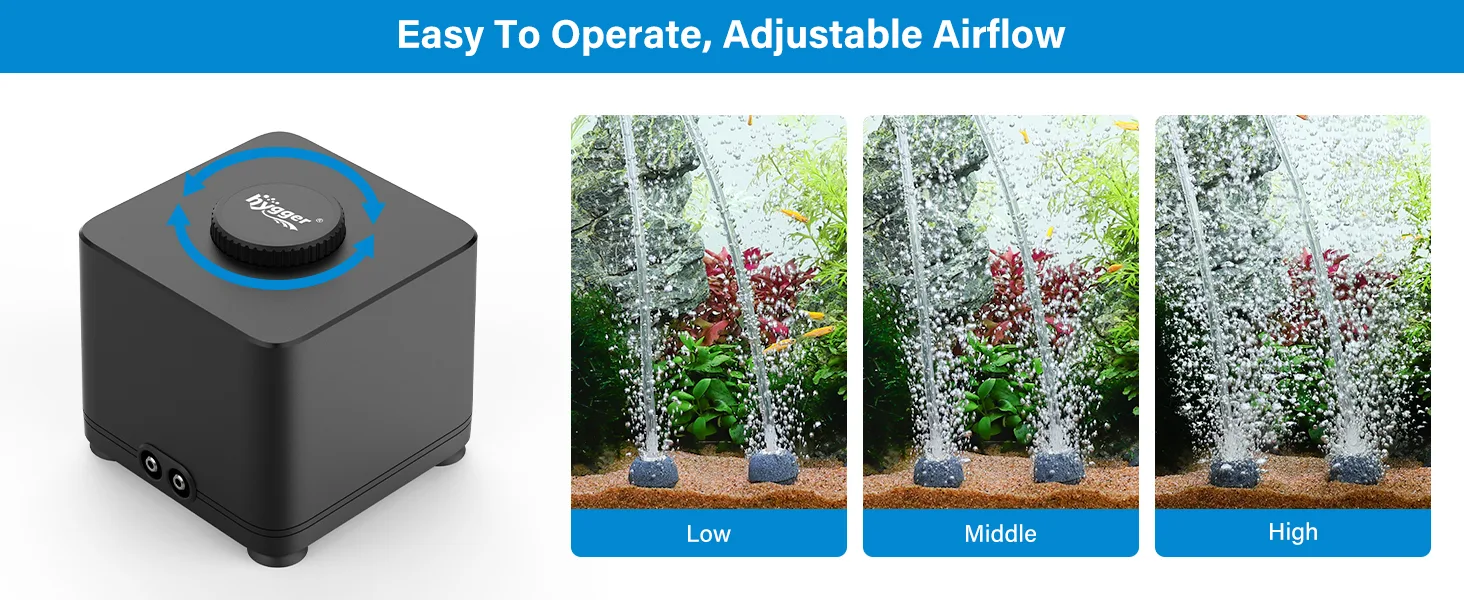 Hygger aquarium air pump with adjustable airflow settings shown in low, middle, and high modes for fish tank oxygenation