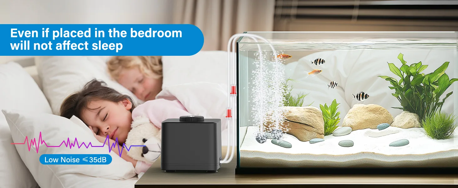 Hygger aquarium with low noise, placed in bedroom, kids sleeping peacefully, 35dB noise level
