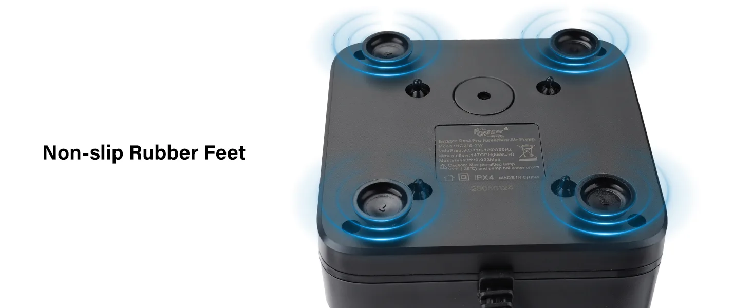 Hygger Dual Pro Aquarium Air Pump with non-slip rubber feet for stable placement in aquarium setups