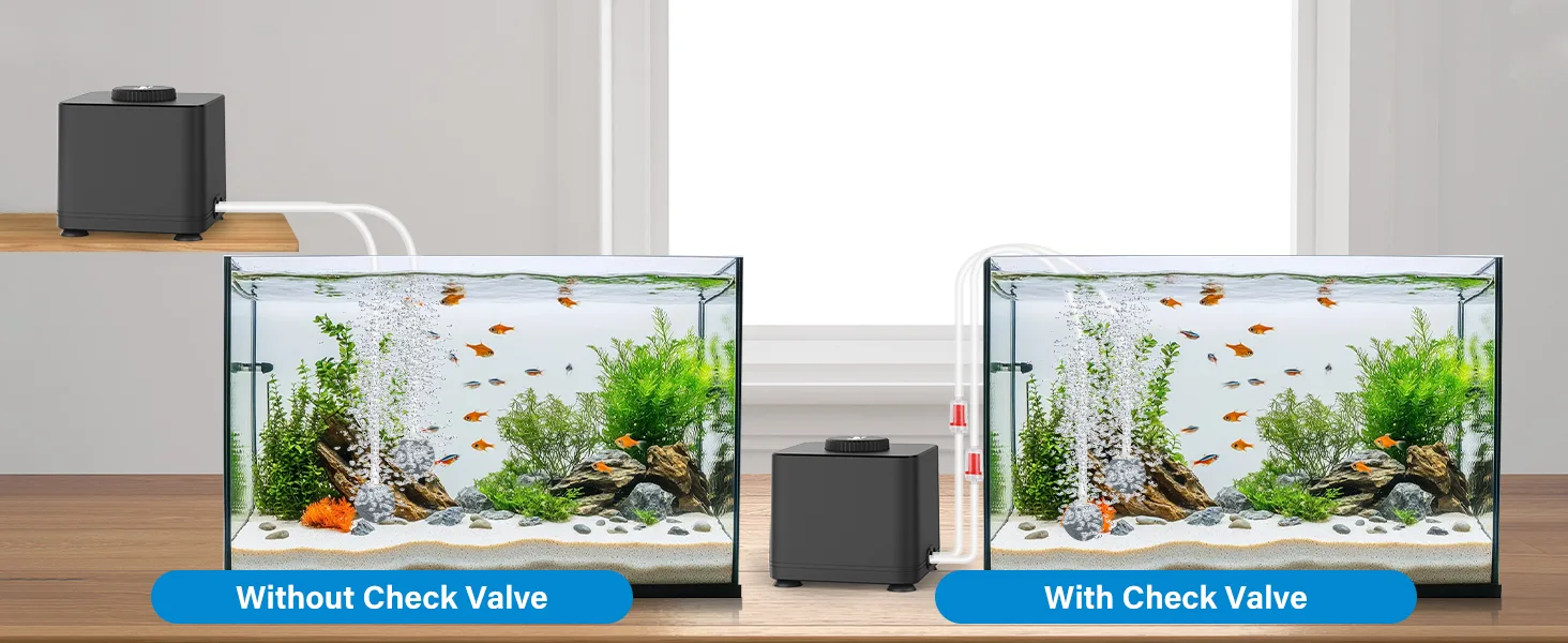 Hygger aquarium comparison: Without vs. With Check Valve for optimal water circulation and fish health