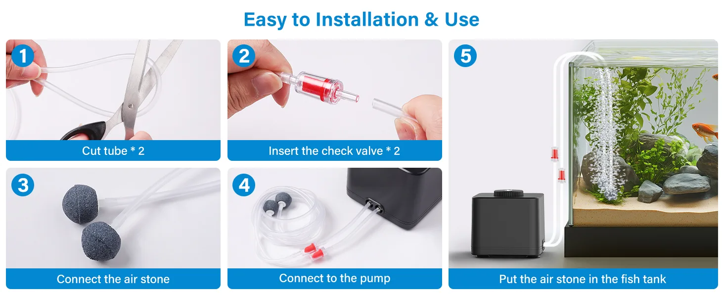 Step-by-step guide for installing an aquarium air pump system with check valves, air stones, and tubing.