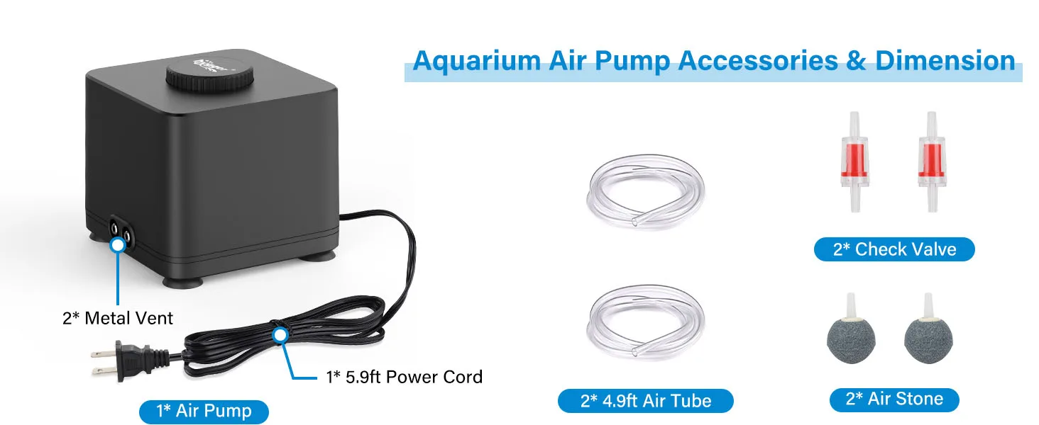 Hygger aquarium air pump with accessories: 1 pump, 2 metal vents, 1 power cord, 2 air tubes, 2 check valves, 2 air stones.