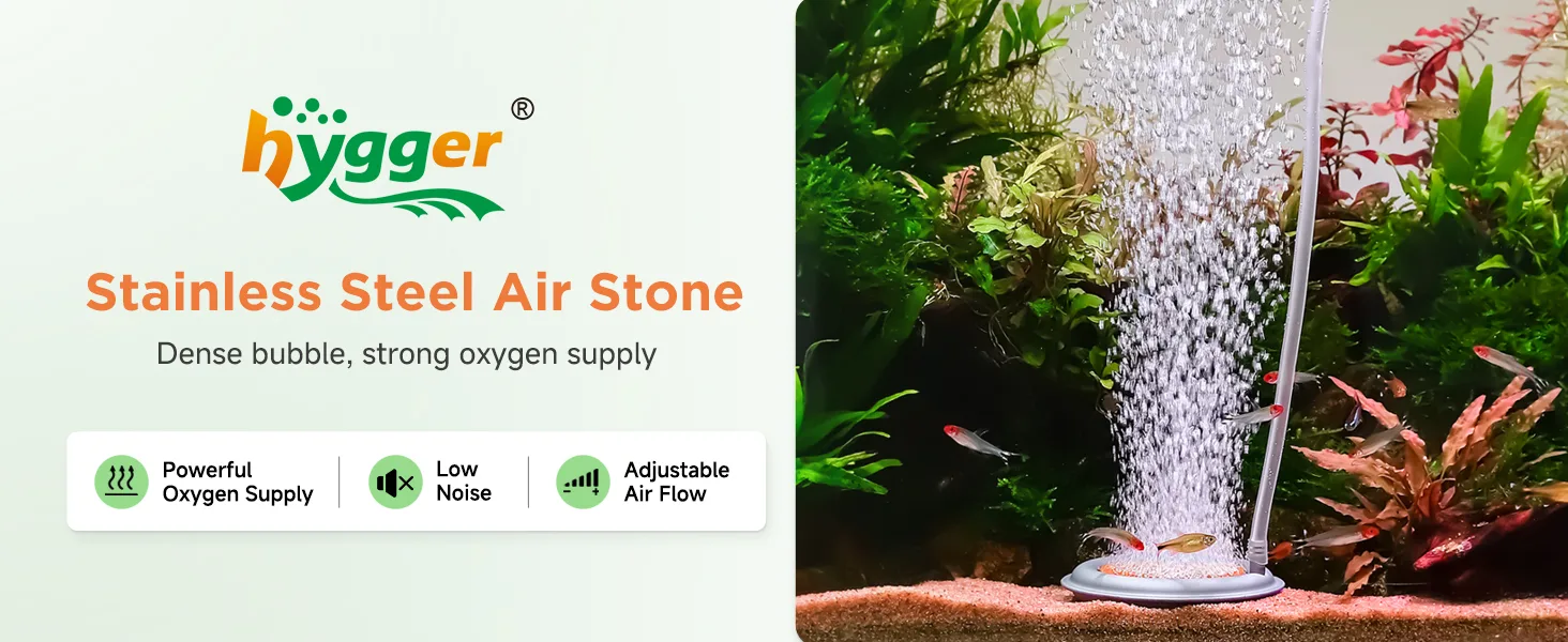 Hygger Stainless Steel Air Stone with dense bubbles and adjustable air flow in a vibrant aquarium setting