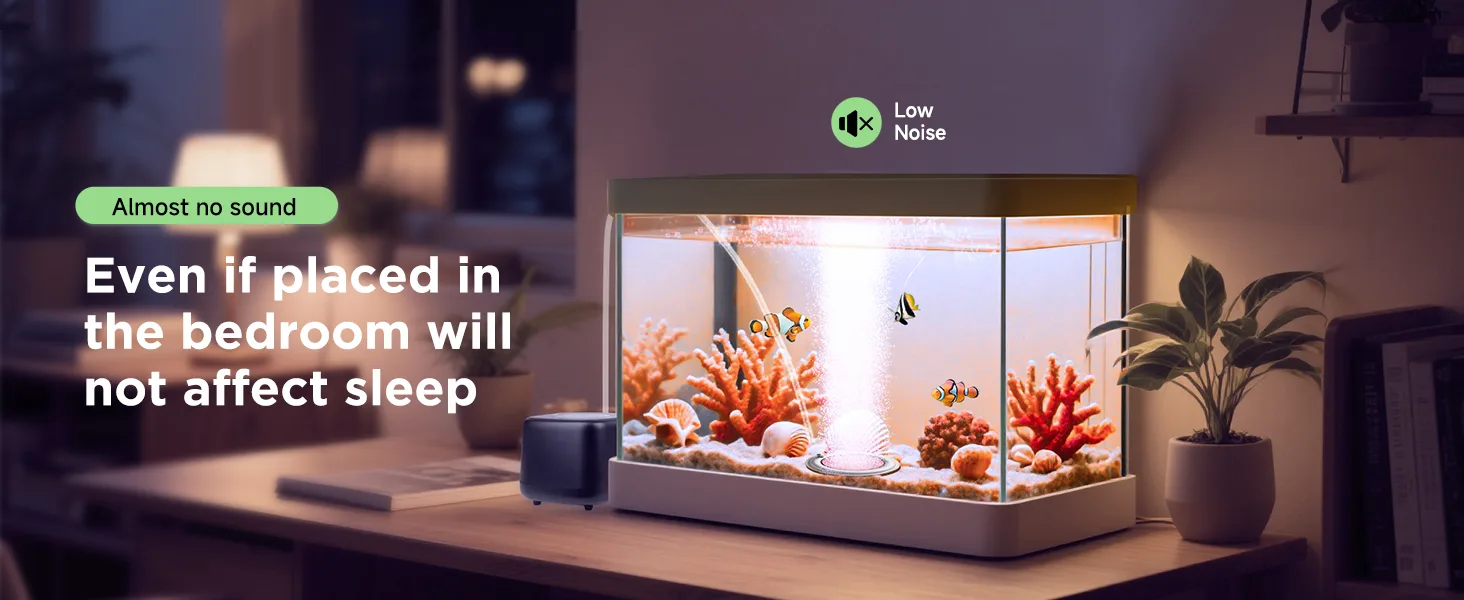 Hygger aquarium with low noise, featuring colorful fish and coral in a bedroom setting, ideal for sleep.