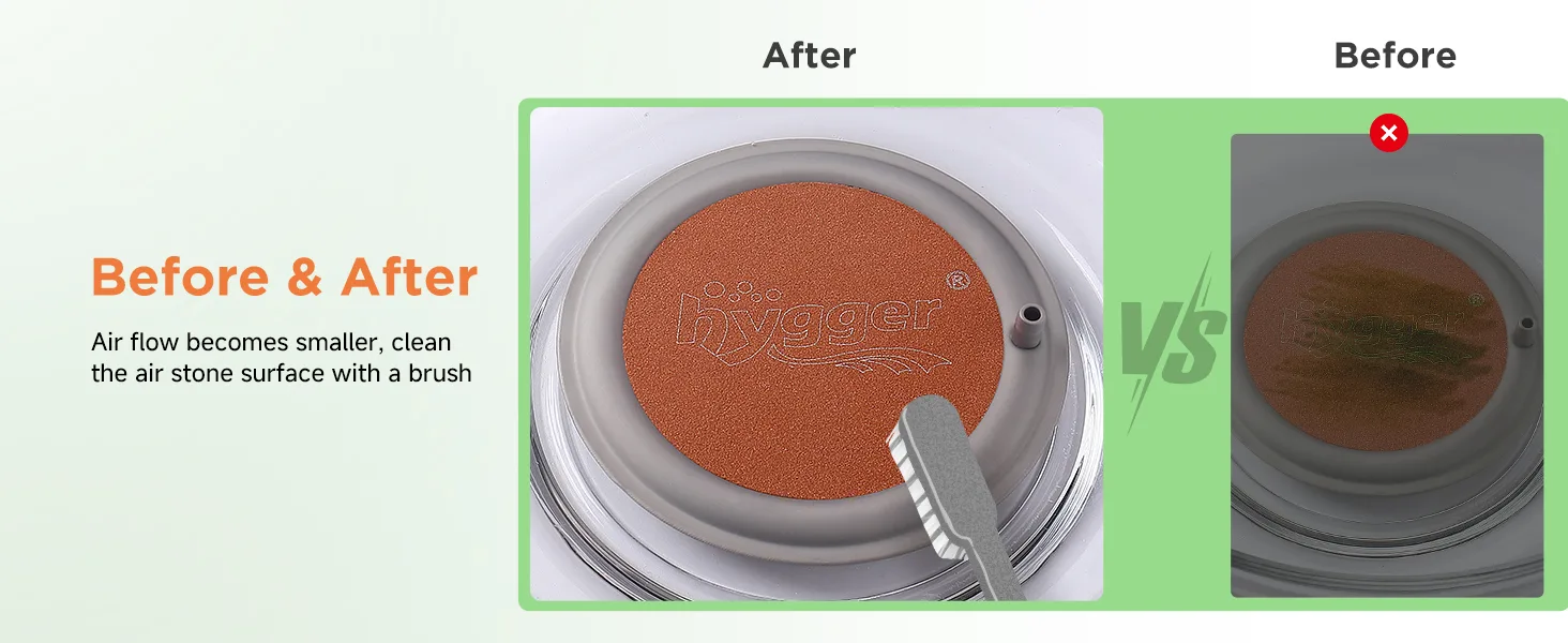 Before and after cleaning the air stone surface with a brush to improve air flow in hygger aquarium