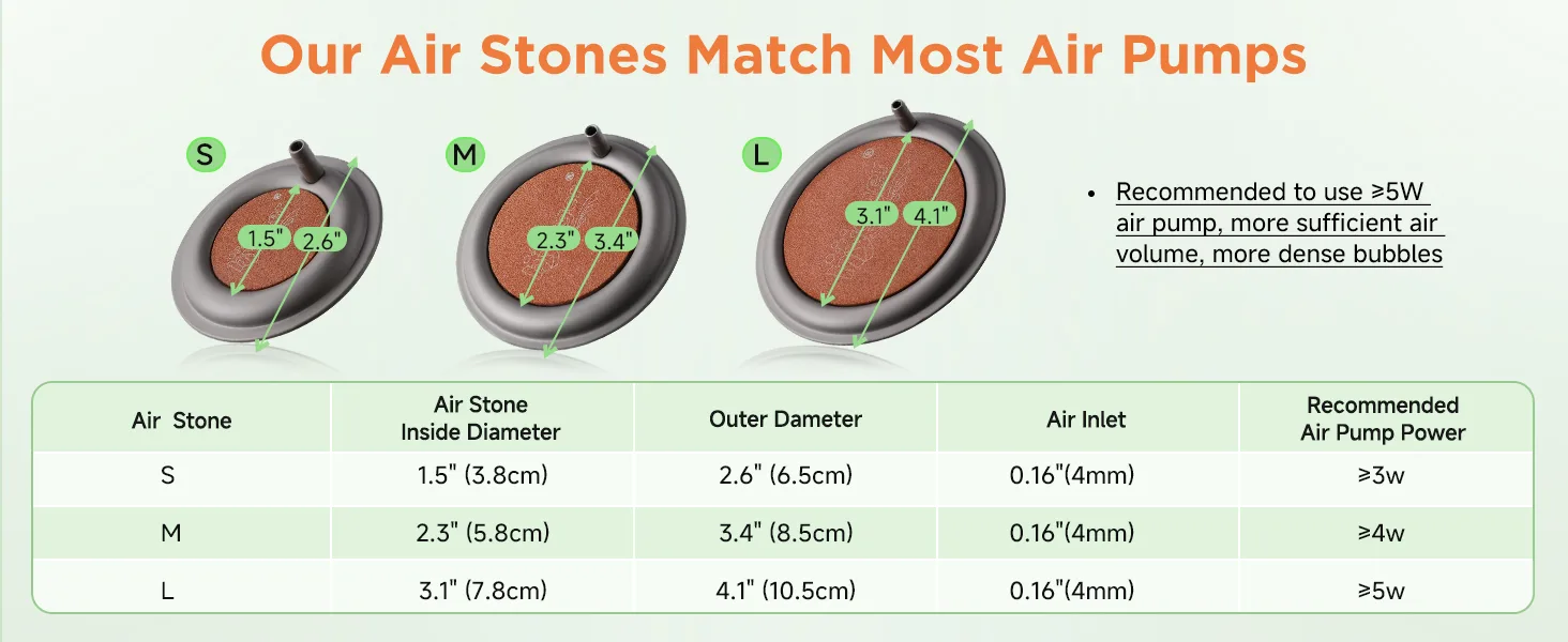 Hygger Air Stones S M L sizes with dimensions and recommended air pump power for aquarium use