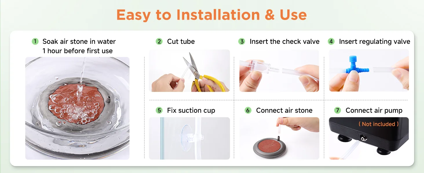 Step-by-step guide for installing an aquarium air stone: soak, cut tube, insert valves, fix suction cup, connect stone and pu