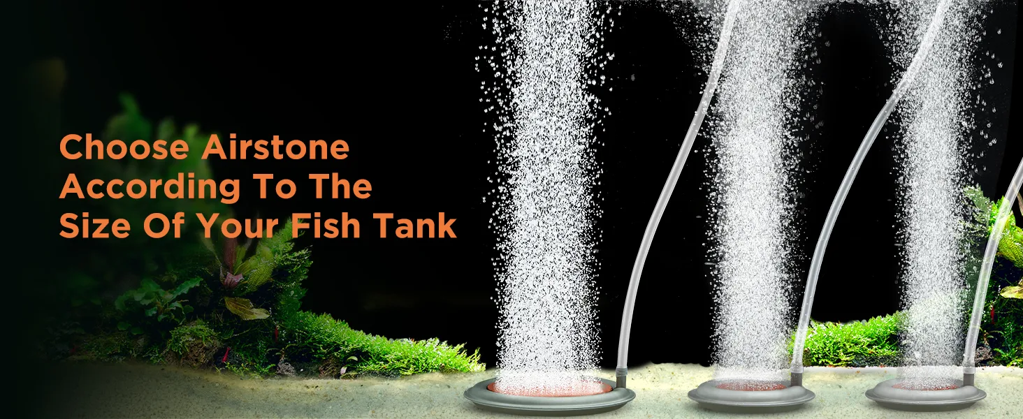 Three air stones in an aquarium producing bubbles, with text 'Choose Airstone According To The Size Of Your Fish Tank'