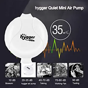 Hygger Quiet Mini Air Pump with 35dB noise level, ideal for aquariums and fish tanks. Features include silent operation, adju