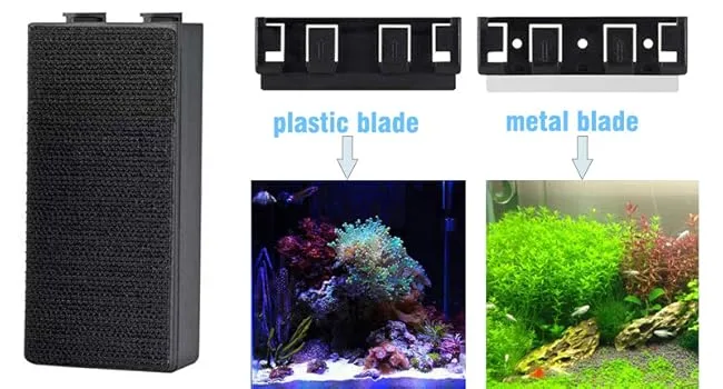 Hygger aquarium filter with plastic and metal blades for aquarium maintenance, showing filter media and tank examples.
