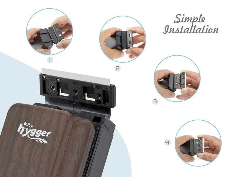 Step-by-step guide for installing Hygger aquarium accessory with simple four-step process shown in circular icons.