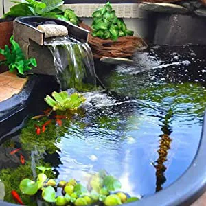 A serene garden pond with a small waterfall, lush green plants, and koi fish swimming in clear water.
