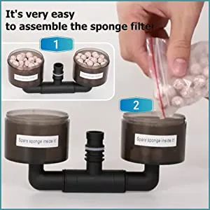 Hygger aquarium sponge filter assembly guide with labeled steps for easy setup