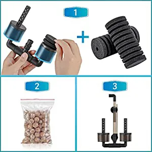 Hygger aquarium filter kit components: blue filter cartridges, black foam media, and replacement parts for aquarium maintenan