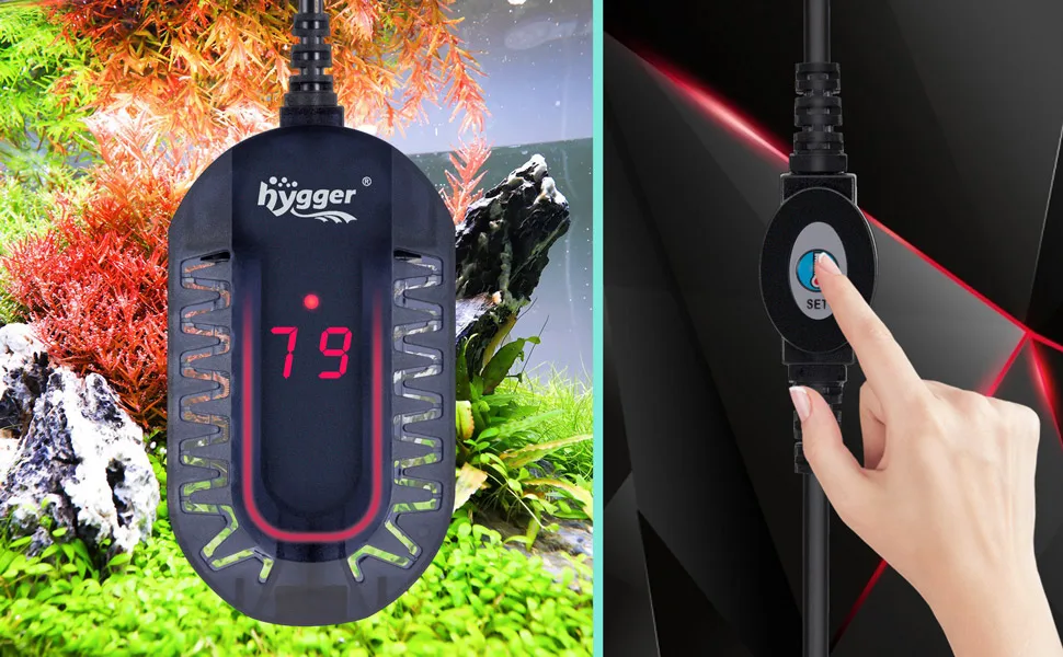 Hygger aquarium heater with digital display showing 79°F, set in a vibrant planted tank with rocks and plants
